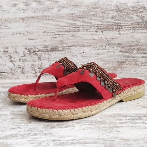🟥Bass Red Suede Leather Beaded Sandals - Picture 3 of 8